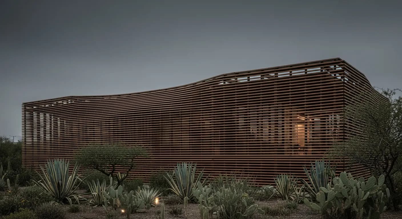Diseño paramétrico sustentable con vegetación nativa Fachada de madera paramétrica en edificio sustentable con vegetación nativa