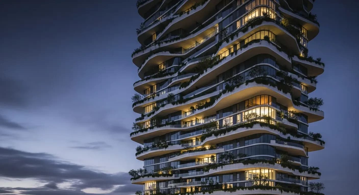 Arquitectura wellness paramétrica con jardines verticales Fachada paramétrica con jardines verticales en torre residencial wellness certificada WELL